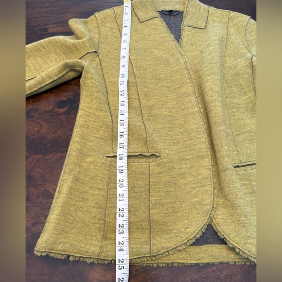 Eileen Fisher Merino Wool Mustard Yellow Blazer Fringe Hidden Snaps Sz M - Picture 9 of 12